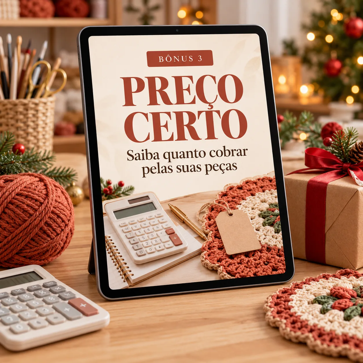 Aula Preço Certo aberta num tablet sobre a mesa de trabalho, com calculadora, novelo de lã e presente de Natal