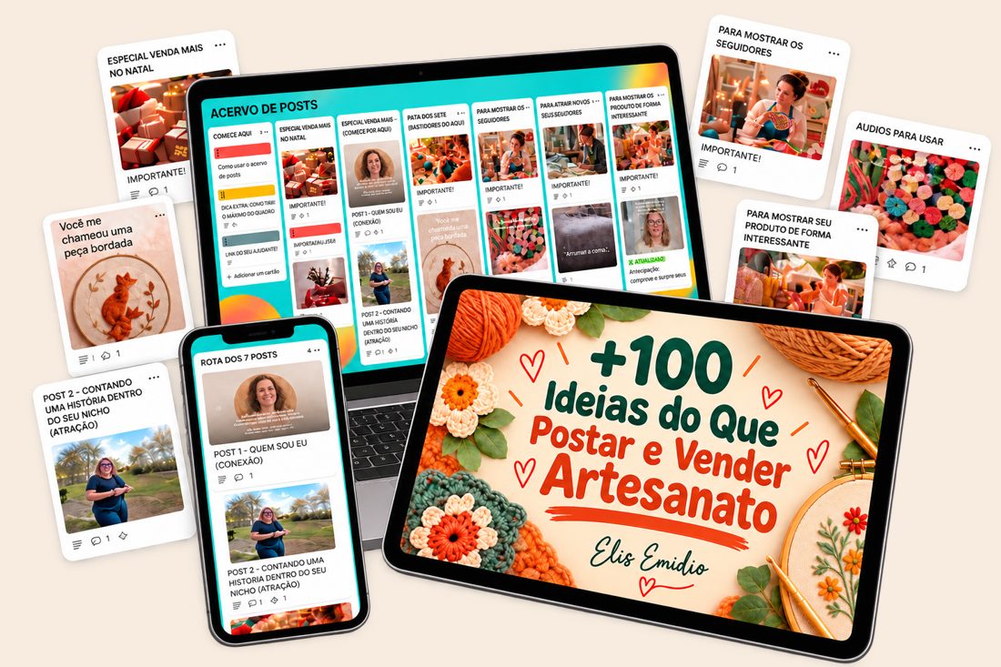 Quadro +100 Ideias de Posts para o Natal aberto no notebook, tablet e celular, com cartões de ideias de post ao redor