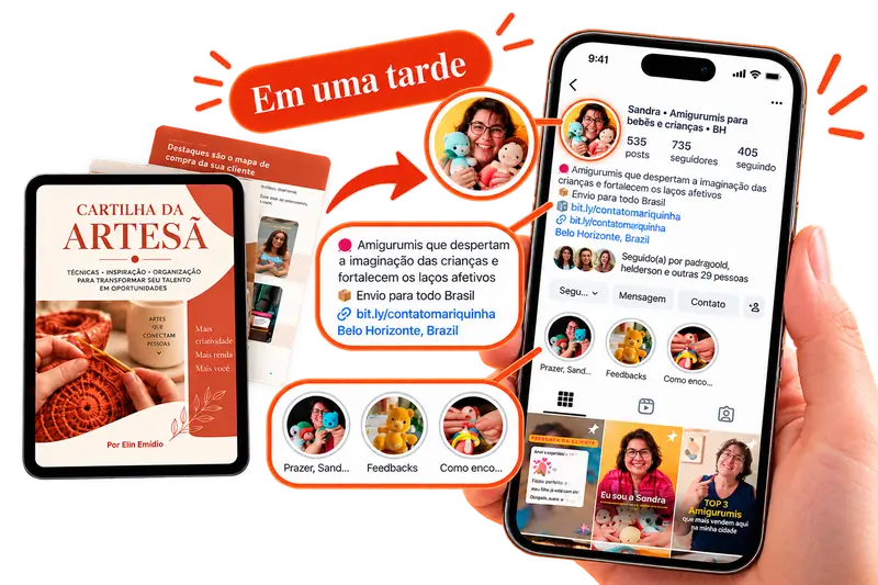 A Cartilha da Artesã aberta no tablet e, ao lado, o perfil de uma artesã no celular com foto, texto do perfil e destaques arrumados
