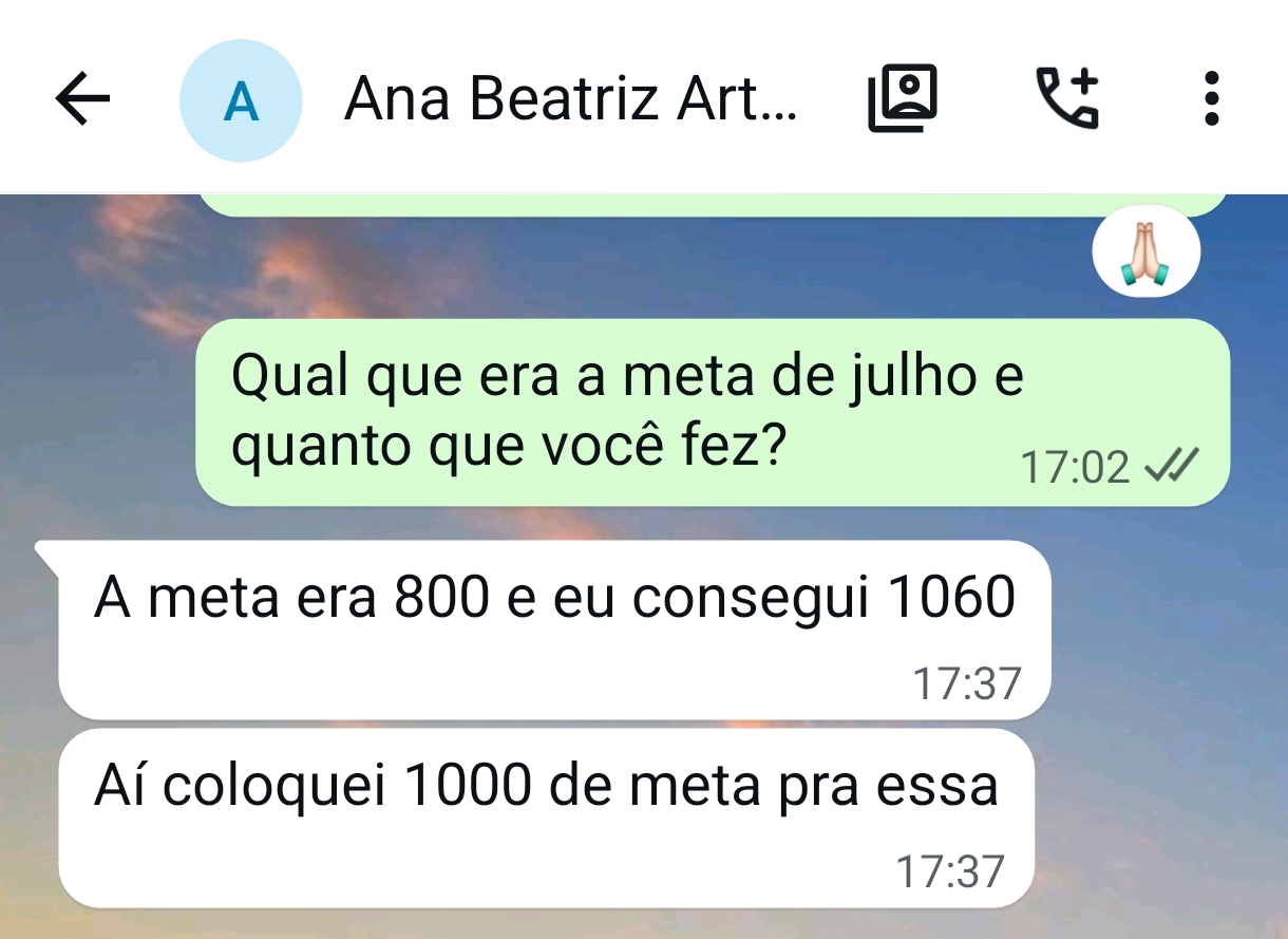 Print da Ana Beatriz: meta de 800 e fez 1060
