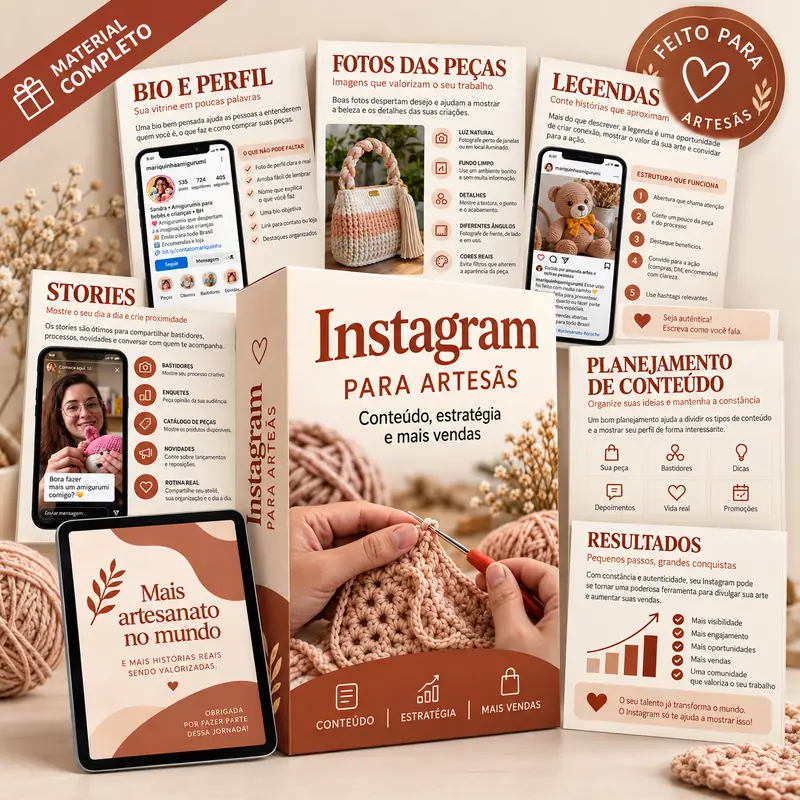 Cartilha da Artesã com páginas de bio, fotos, legendas, stories e planejamento