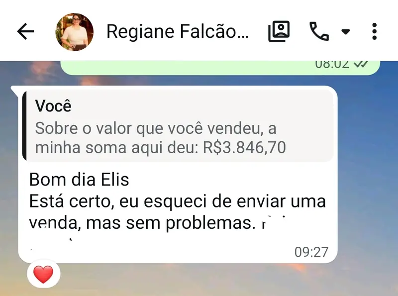 Print de Regiane somando R$ 3.846,70 em vendas